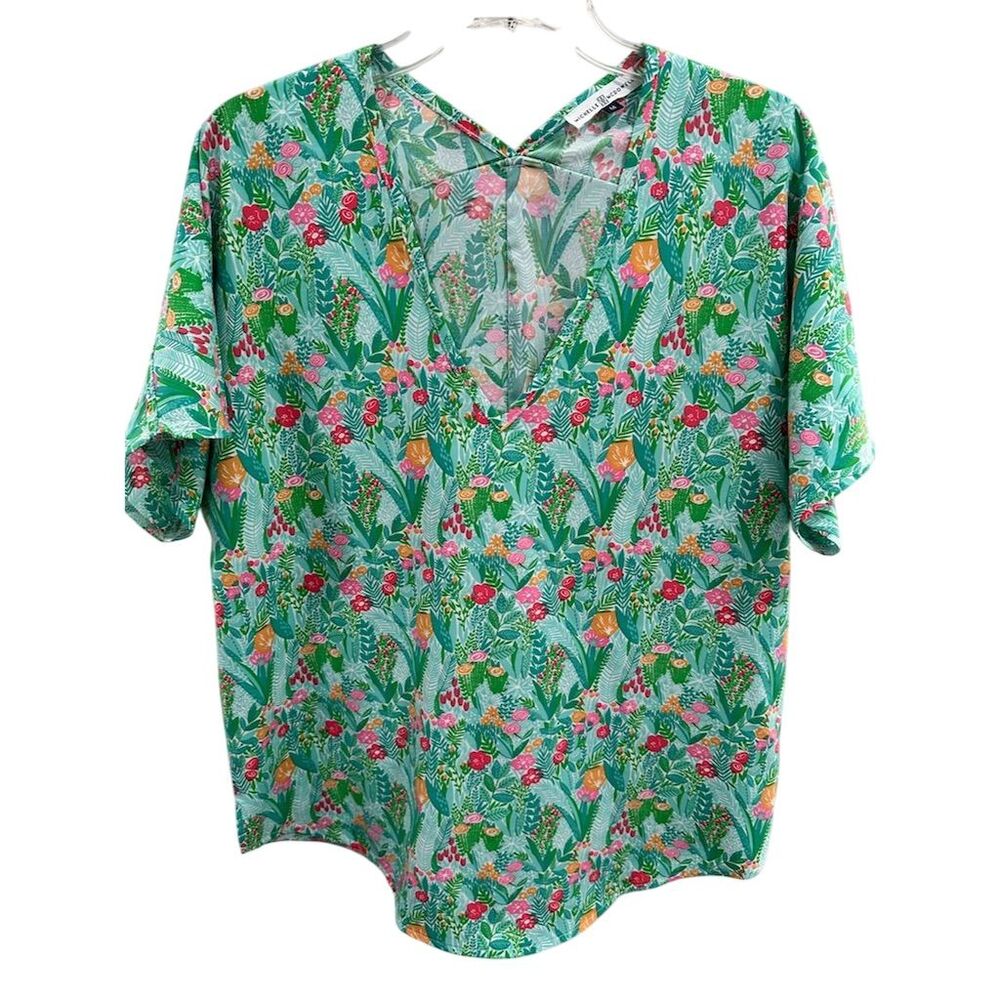 Michelle McDowell Women's Floral V-Neck Blouse Short Sleeve Size M Standard